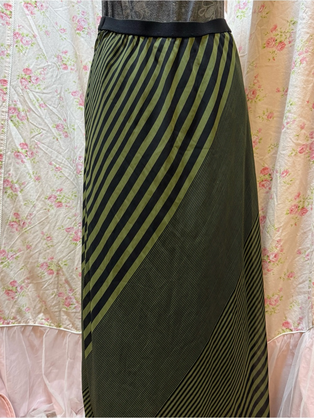 Pleione Olive and Black Diagonal Stripe Maxi Skirt